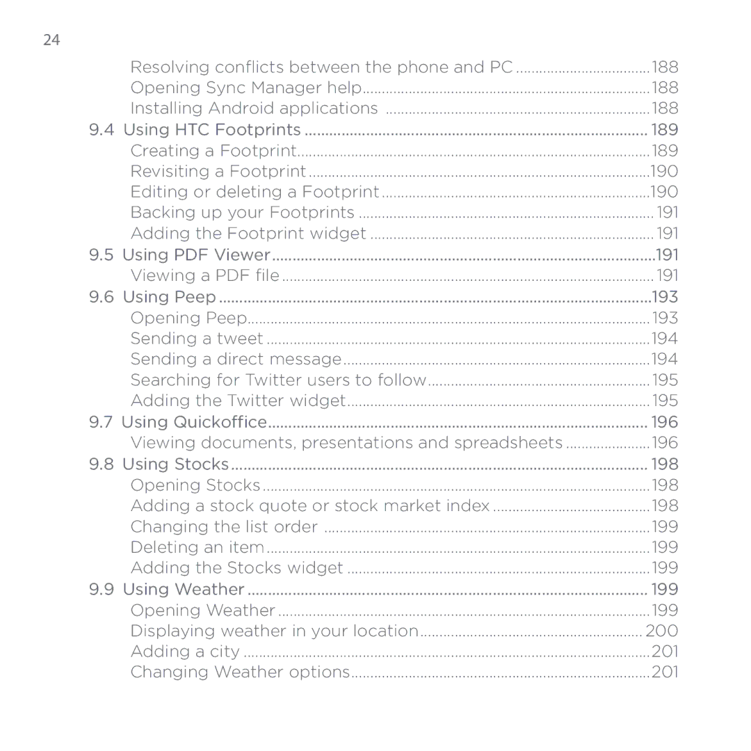 HTC PB00100 24 , 188, 189, 190, 191, 193, 194, 195, Viewing documents, presentations and spreadsheets 196, 198, 199 